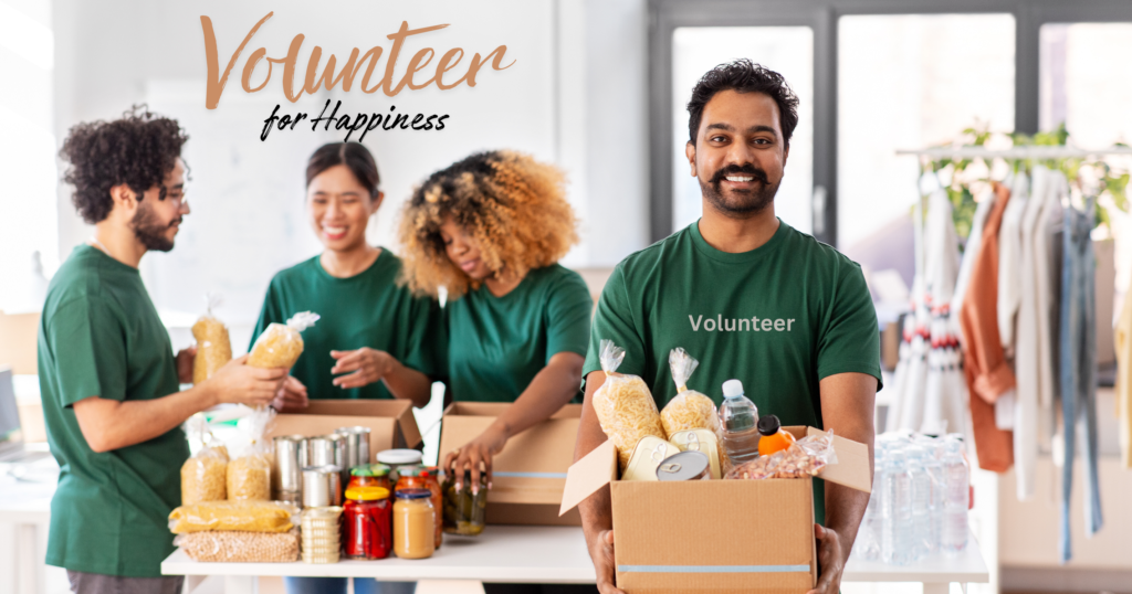 The image visually communicates the happiness and fulfillment derived from volunteer work, emphasizing that helping others can be a source of personal joy and satisfaction.