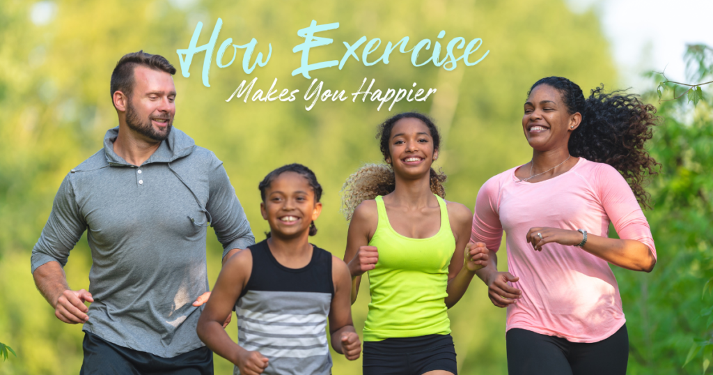 The image of a family jogging with big smiles portrays the joy and togetherness that comes from exercising as a group. It highlights how physical activity can enhance happiness by promoting bonding, shared experiences, and overall well-being. The cheerful expressions on their faces emphasize the immediate mood-boosting effects of exercise, demonstrating that staying active can be a fun and fulfilling way to connect with loved ones while improving mental and physical health.