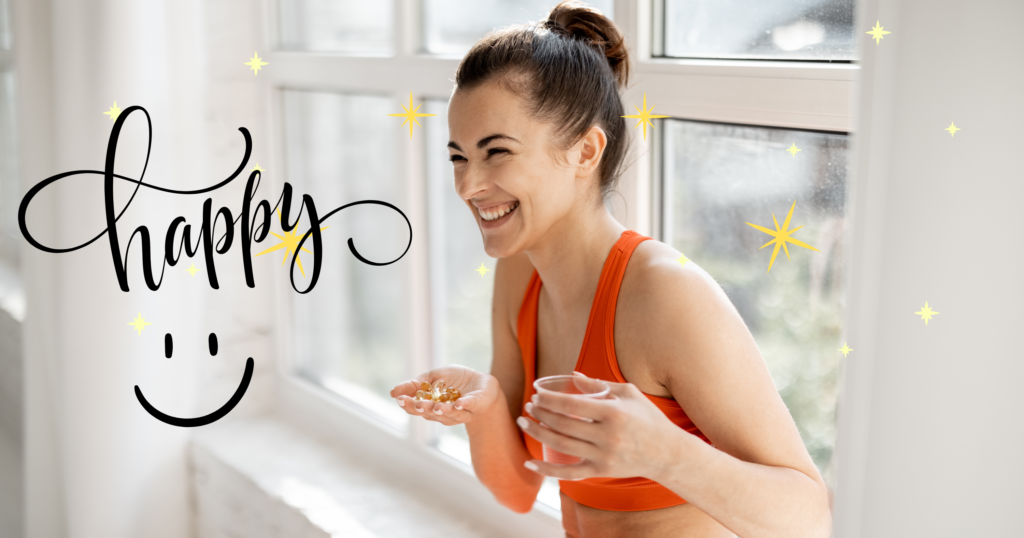 Here is the image of a very happy lady in a sunny room, enjoying her supplements. The warm and cheerful atmosphere, enhanced by natural light and cozy decor, reflects her contentment and well-being.