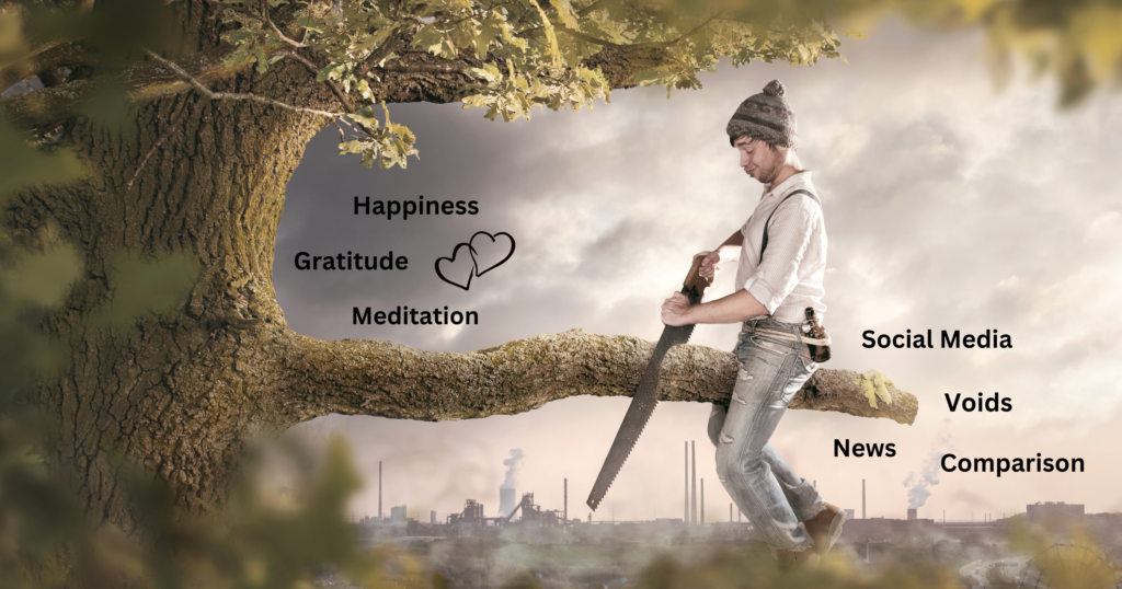 The image of a guy sawing the branch of the tree he is sitting on visually represents self-sabotaging behavior. It illustrates the concept of undermining one's own stability and well-being through actions that are ultimately harmful to oneself. This striking visual metaphor highlights how self-destructive decisions can lead to negative outcomes, emphasizing the importance of making mindful and positive choices to avoid such pitfalls.