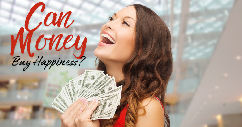 The purpose of the image with a lady holding 100 dollar bills and a big smile on her face, set against a blurred background, is to visually convey the idea that money can indeed buy some happiness. The woman's joyful expression and the prominent display of cash highlight the positive emotions and sense of satisfaction that financial security and resources can bring. The blurred background keeps the focus on her happiness, emphasizing the direct connection between having money and feeling good.