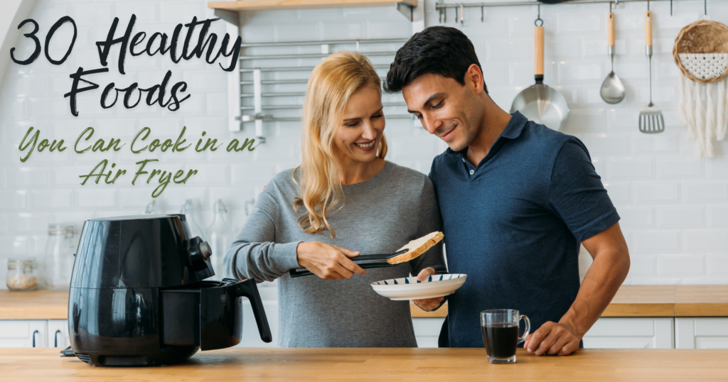 The purpose of the image featuring a couple cooking food in an air fryer while smiling is to illustrate the joy and ease of preparing healthy meals together using modern kitchen appliances. It aims to highlight the benefits of air frying, such as healthier cooking methods and quicker meal preparation, while emphasizing the positive experience of sharing culinary activities with a loved one. The image seeks to inspire readers to incorporate air frying into their routines for healthier, happier living and to enjoy the process with their partners, fostering a sense of connection and well-being.