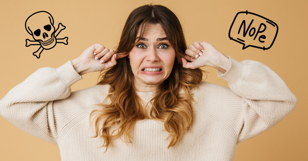 A young woman is depicted with a frustrated expression on her face. She is covering her ears with both hands, attempting to block out the words of another person.