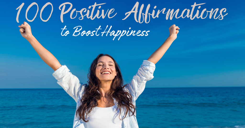 The purpose of the image featuring a happy lady holding her arms up with the ocean behind her and the title "100 Positive Affirmations to Boost Your Happiness" is to visually represent the concept of joy, positivity, and upliftment. The image is intended to convey positivity. The woman’s happy and celebratory posture, along with the serene ocean background, evokes feelings of peace, happiness, and well-being.