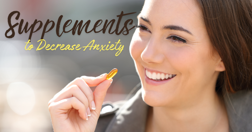 The image should depict a cheerful woman, radiating happiness and well-being, as she takes a supplement. The setting should be bright and welcoming, emphasizing a positive and healthy lifestyle. The woman's smile and relaxed demeanor should convey the benefits of incorporating supplements into a daily routine to reduce anxiety and boost overall happiness.