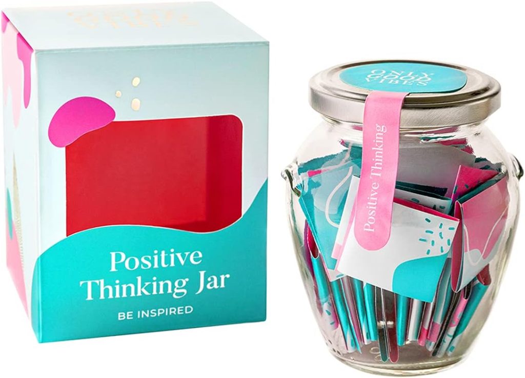 Best gifts for anxiety. Shows a positive thinking jar full of positive affirmations to give as a gift for someone with anxiety. 